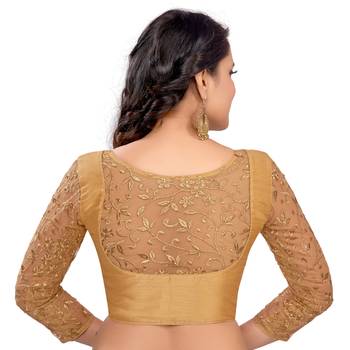 Gold Dupion Silk 3/4Th Net Embroidered Sleeves Princess Cut Padded Readymade Saree Blouse 3