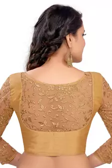 Gold Dupion Silk 3/4Th Net Embroidered Sleeves Princess Cut Padded Readymade Saree Blouse