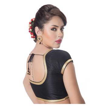 Black Short Sleeves Golden Lace Border Readymade Saree Blouse 2