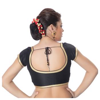 Black Short Sleeves Golden Lace Border Readymade Saree Blouse 3