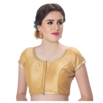 Dupion Silk Gold Princess Cut Padded Short Sleeves Golden Lace Border Readymade Saree Blouse 1
