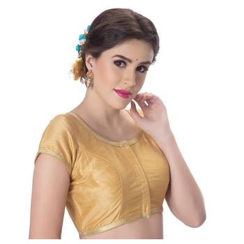 Dupion Silk Gold Princess Cut Padded Short Sleeves Golden Lace Border Readymade Saree Blouse 2