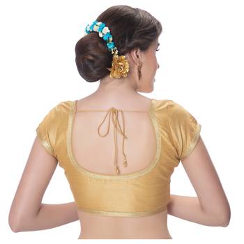 Dupion Silk Gold Princess Cut Padded Short Sleeves Golden Lace Border Readymade Saree Blouse 3
