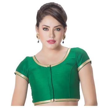 Dupion Silk Green Princess Cut Padded Short Sleeves Golden Lace Border Readymade Saree Blouse 1