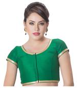 Dupion Silk Green Princess Cut Padded Short Sleeves Golden Lace Border Readymade Saree Blouse
