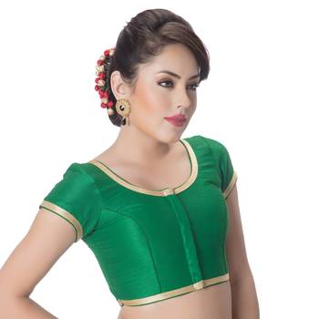 Dupion Silk Green Princess Cut Padded Short Sleeves Golden Lace Border Readymade Saree Blouse 2