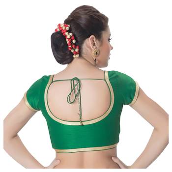 Dupion Silk Green Princess Cut Padded Short Sleeves Golden Lace Border Readymade Saree Blouse 3