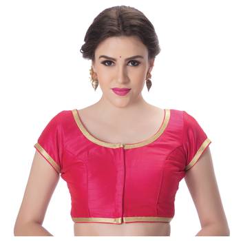 Dupion Silk Pink Princess Cut Padded Short Sleeves Golden Lace Border Readymade Saree Blouse 1