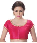 Dupion Silk Pink Princess Cut Padded Short Sleeves Golden Lace Border Readymade Saree Blouse