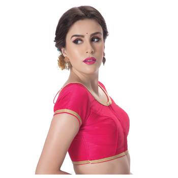 Dupion Silk Pink Princess Cut Padded Short Sleeves Golden Lace Border Readymade Saree Blouse 2