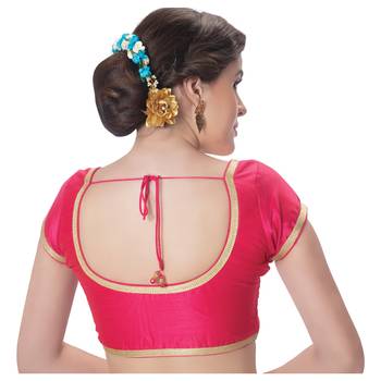 Dupion Silk Pink Princess Cut Padded Short Sleeves Golden Lace Border Readymade Saree Blouse 3