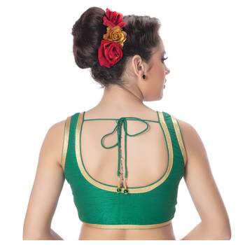 Gold Plain Dupion Silk Green Lace Princess Cut Padded Sleeveless Readymade Saree Blouse 3