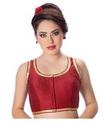 Maroon Plain Dupion Silk Golden Lace Princess Cut Padded Sleeveless Readymade Saree Blouse