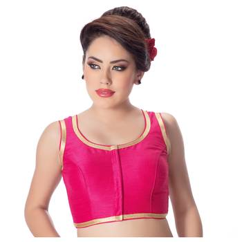 Pink Plain Dupion Silk Golden Lace Princess Cut Padded Sleeveless Readymade Saree Blouse 1