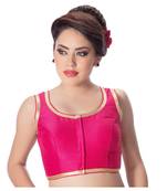 Pink Plain Dupion Silk Golden Lace Princess Cut Padded Sleeveless Readymade Saree Blouse