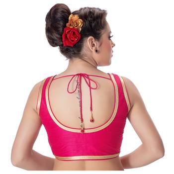 Pink Plain Dupion Silk Golden Lace Princess Cut Padded Sleeveless Readymade Saree Blouse 3