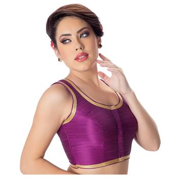 Purple Plain Dupion Silk Golden Lace Princess Cut Padded Sleeveless Readymade Saree Blouse 2