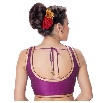 Purple Plain Dupion Silk Golden Lace Princess Cut Padded Sleeveless Readymade Saree Blouse 3