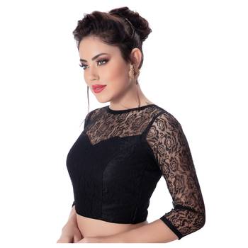 Net Butter Crepe Black Princess Cut Padded 3/4Th Sleeves Readymade Saree Blouse 2