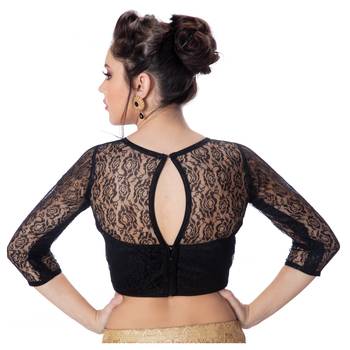 Net Butter Crepe Black Princess Cut Padded 3/4Th Sleeves Readymade Saree Blouse 3