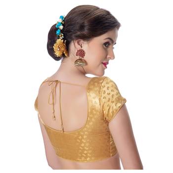 Golden Desginer Brocade Padded Princess Cut Short Sleevels Readymade Saree Blouse 2