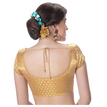 Golden Desginer Brocade Padded Princess Cut Short Sleevels Readymade Saree Blouse 3