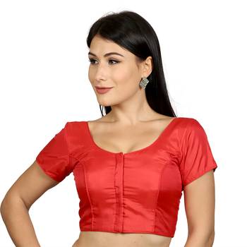 Red Banglori Silk Plain Short Sleeves Princess Cut Padded Readymade Saree Blouse 1