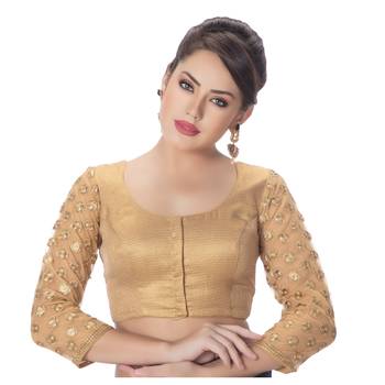 Brocade 3/4th Net Embroidery Sleeves  Padded Readymade Saree Blouse 1