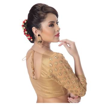 Brocade 3/4th Net Embroidery Sleeves  Padded Readymade Saree Blouse 2