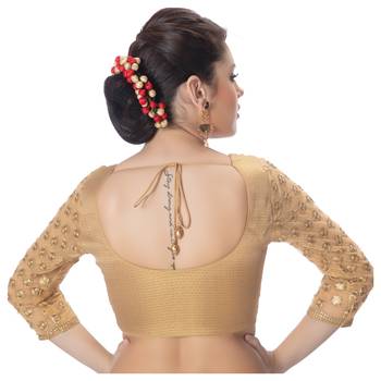 Brocade 3/4th Net Embroidery Sleeves  Padded Readymade Saree Blouse 3