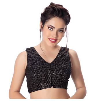 Black  V Neck Tikkli Work CottonPadded Sleeveless Readymade Saree Blouse 1