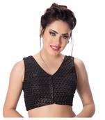 Black  V Neck Tikkli Work CottonPadded Sleeveless Readymade Saree Blouse