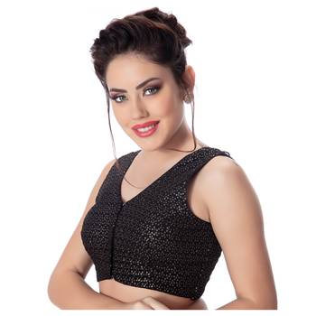 Black  V Neck Tikkli Work CottonPadded Sleeveless Readymade Saree Blouse 2
