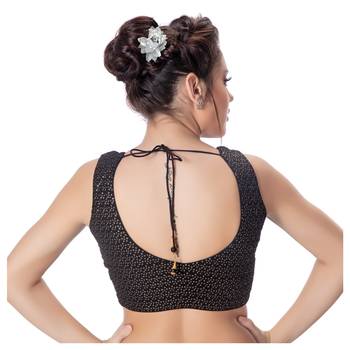 Black  V Neck Tikkli Work CottonPadded Sleeveless Readymade Saree Blouse 3