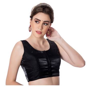 Party Wear Dupion Silk Black Plain Sleeveless Padded Princess Cut Readymade Saree Blouse 2