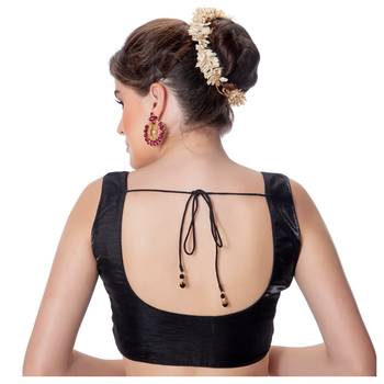 Party Wear Dupion Silk Black Plain Sleeveless Padded Princess Cut Readymade Saree Blouse 3