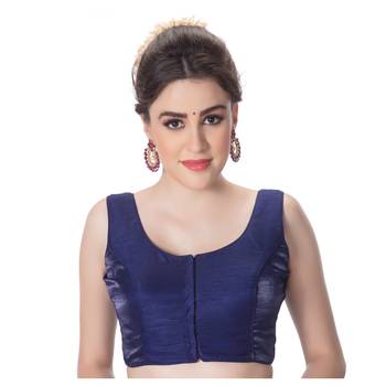 Party Wear Dupion Silk Navy Blue Plain Sleeveless Padded Princess Cut Readymade Saree Blouse 1