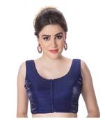 Party Wear Dupion Silk Navy Blue Plain Sleeveless Padded Princess Cut Readymade Saree Blouse