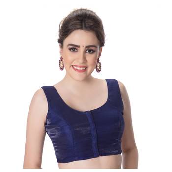 Party Wear Dupion Silk Navy Blue Plain Sleeveless Padded Princess Cut Readymade Saree Blouse 2
