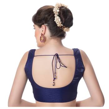 Party Wear Dupion Silk Navy Blue Plain Sleeveless Padded Princess Cut Readymade Saree Blouse 3
