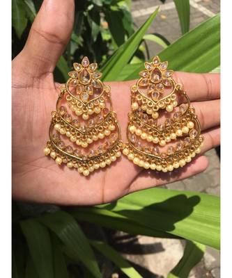 Gold Toned Kundan Studded Floral Drop Chandelier Earrings 1