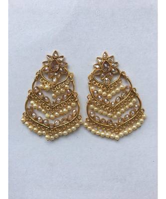 Gold Toned Kundan Studded Floral Drop Chandelier Earrings 2