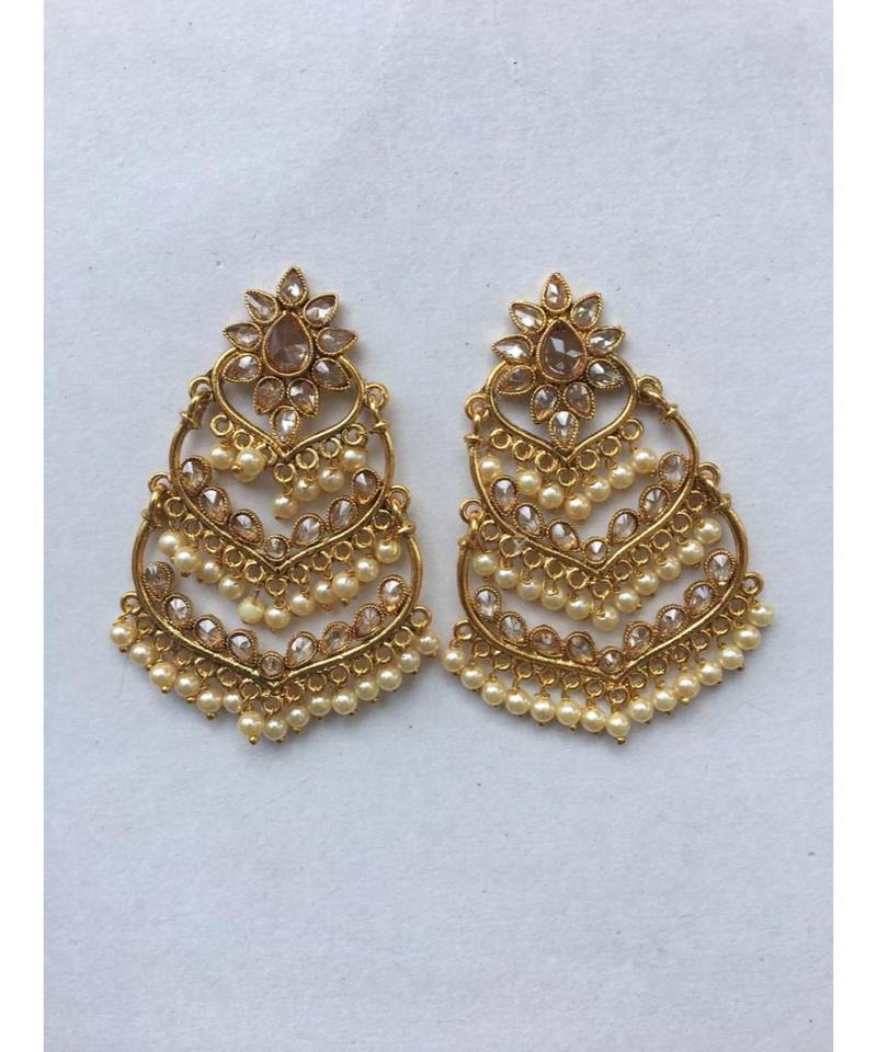 Gold Toned Kundan Studded Floral Drop Chandelier Earrings