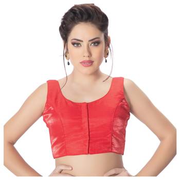Party Wear Dupion Silk Red Plain Sleeveless Padded Princess Cut Readymade Saree Blouse 1