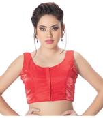 Party Wear Dupion Silk Red Plain Sleeveless Padded Princess Cut Readymade Saree Blouse