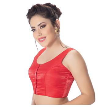 Party Wear Dupion Silk Red Plain Sleeveless Padded Princess Cut Readymade Saree Blouse 2