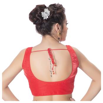 Party Wear Dupion Silk Red Plain Sleeveless Padded Princess Cut Readymade Saree Blouse 3