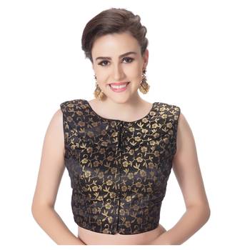 Black Brocade Designer Petar Pan Collar Neck Padded Sleeveless Front Full Zipper Readymade Saree Blouse 1