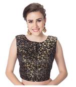 Black Brocade Designer Petar Pan Collar Neck Padded Sleeveless Front Full Zipper Readymade Saree Blouse