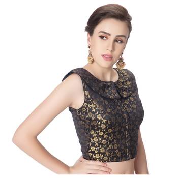 Black Brocade Designer Petar Pan Collar Neck Padded Sleeveless Front Full Zipper Readymade Saree Blouse 2